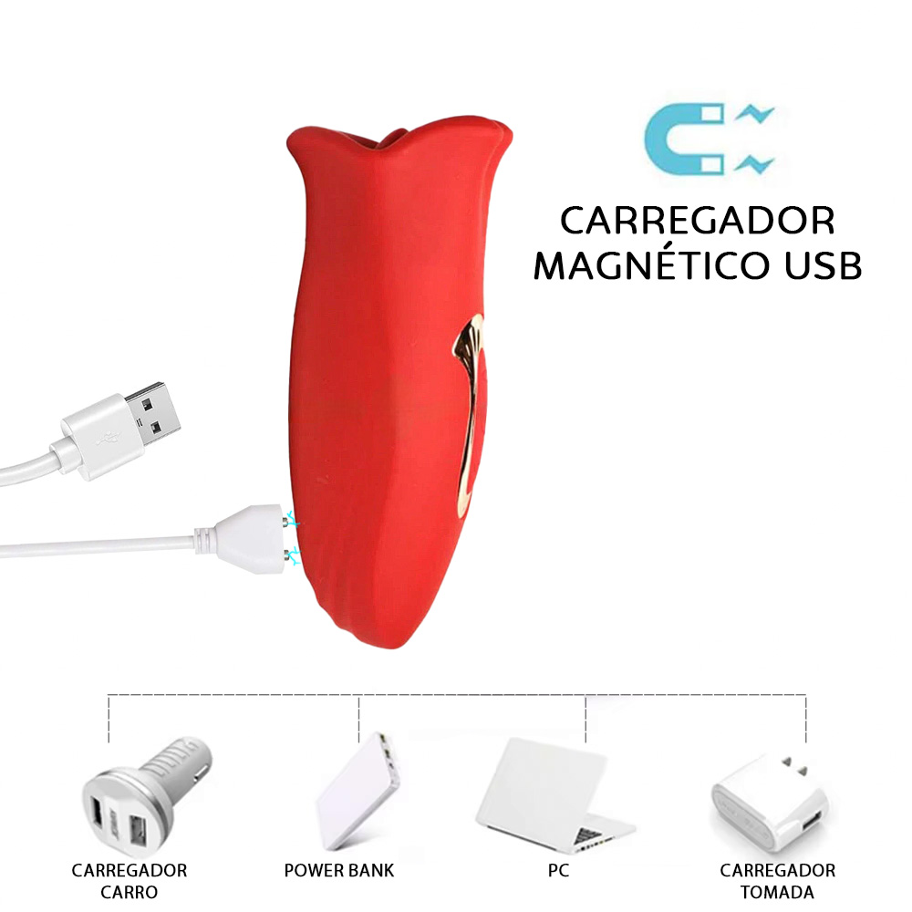Pulsador de Clit�ris Recarreg�vel Magic Kiss Vermelho com foco no painel de controle e a boca succionadora