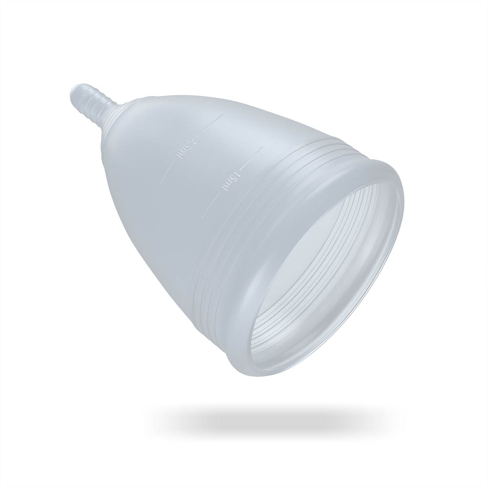 Coletor Menstrual Feminist Modelo A 28ml em vista lateral angulada, mostrando interior e ranhuras