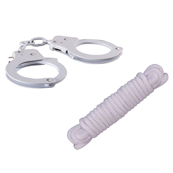 Kit Bondage com Algema de Metal e Corda de 3 Metros Branca, mostrando algema aberta e corda enrolada