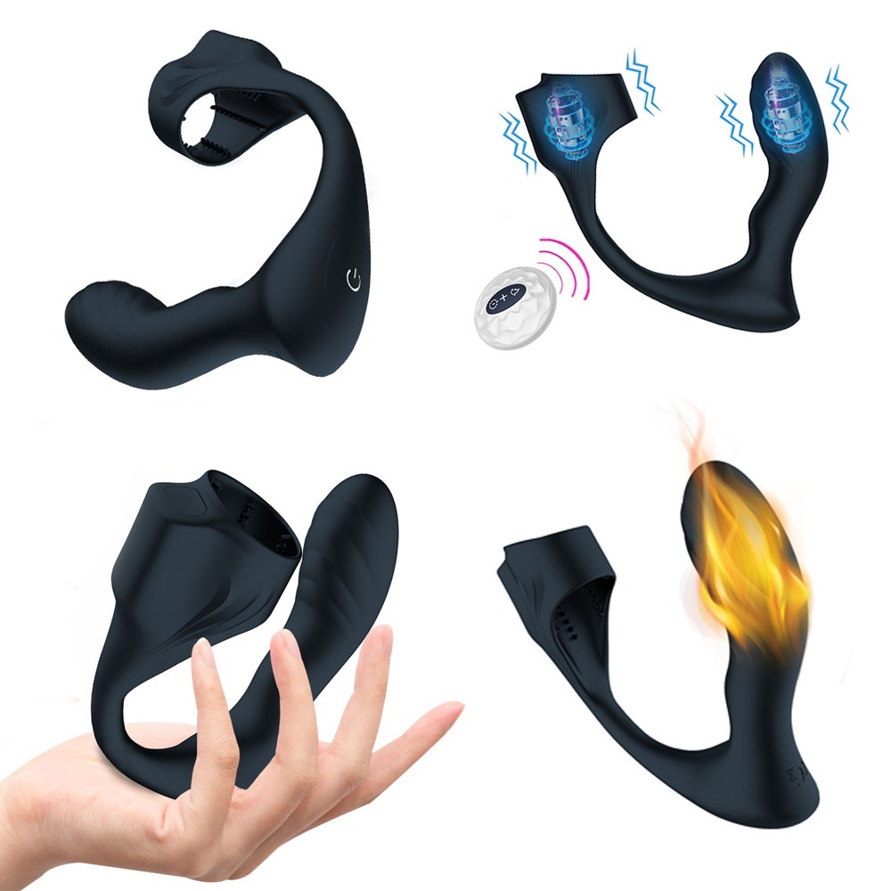 Estimulador de Pr�stata com Anel Escrotal Preto: vista lateral do produto com o estimulador curvado e anel escrotal, mostrando o controle remoto em primeiro plano com os bot�es de controle