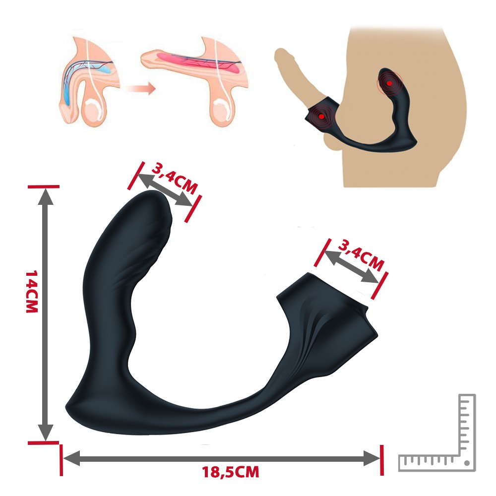 Estimulador de Pr�stata com Anel Escrotal Preto: vista lateral mostrando a entrada de carregamento USB e o design compacto do estimulador