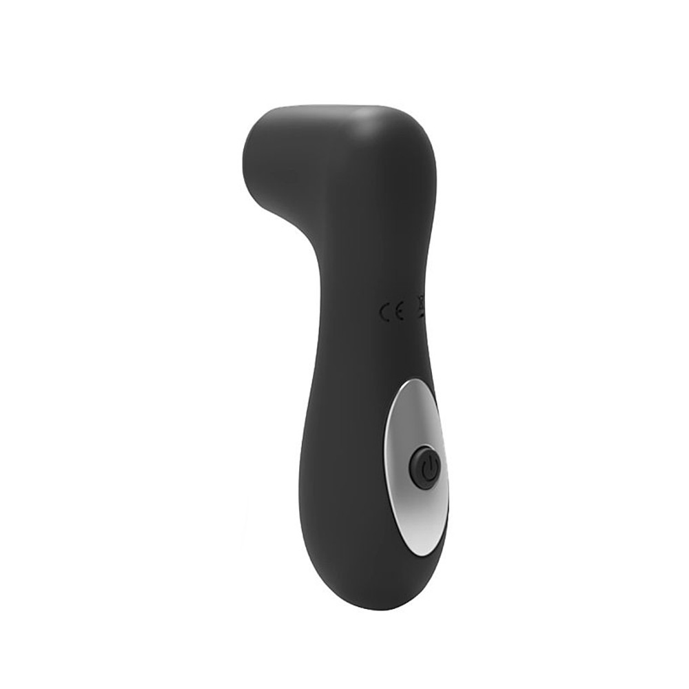 Sugador de clit�ris recarreg�vel em silicone preto, vista do controle com o bot�o de ligar/desligar.