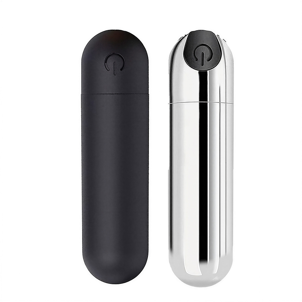 Vibrador Bullet em ABS Revestido de Silicone Aveludado Recarreg�vel 10 Vibra��es Preto - Duas unidades, uma preta e uma met�lica, destacando o design elegante