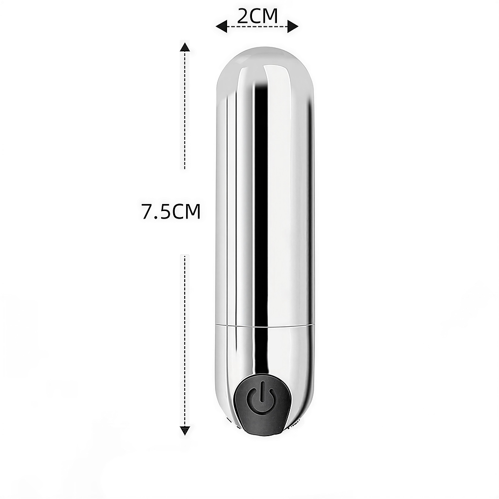 Vibrador Bullet em ABS Revestido de Silicone Aveludado Recarreg�vel 10 Vibra��es Preto - Vista do vibrador met�lico com indica��es de medidas: 2cm de di�metro e 7.5cm de comprimento