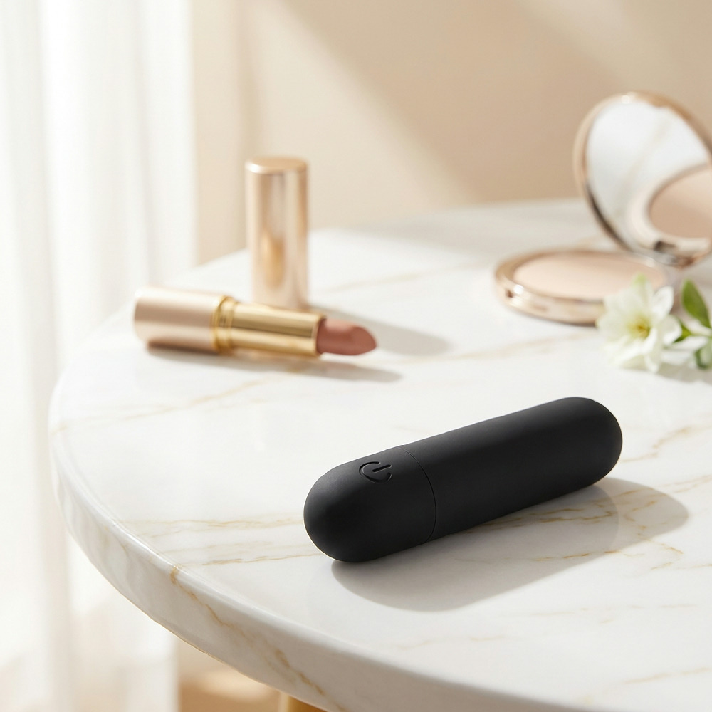 Vibrador Bullet em ABS Revestido de Silicone Aveludado Recarreg�vel 10 Vibra��es Preto - Detalhe do vibrador preto com bot�o de liga/desliga