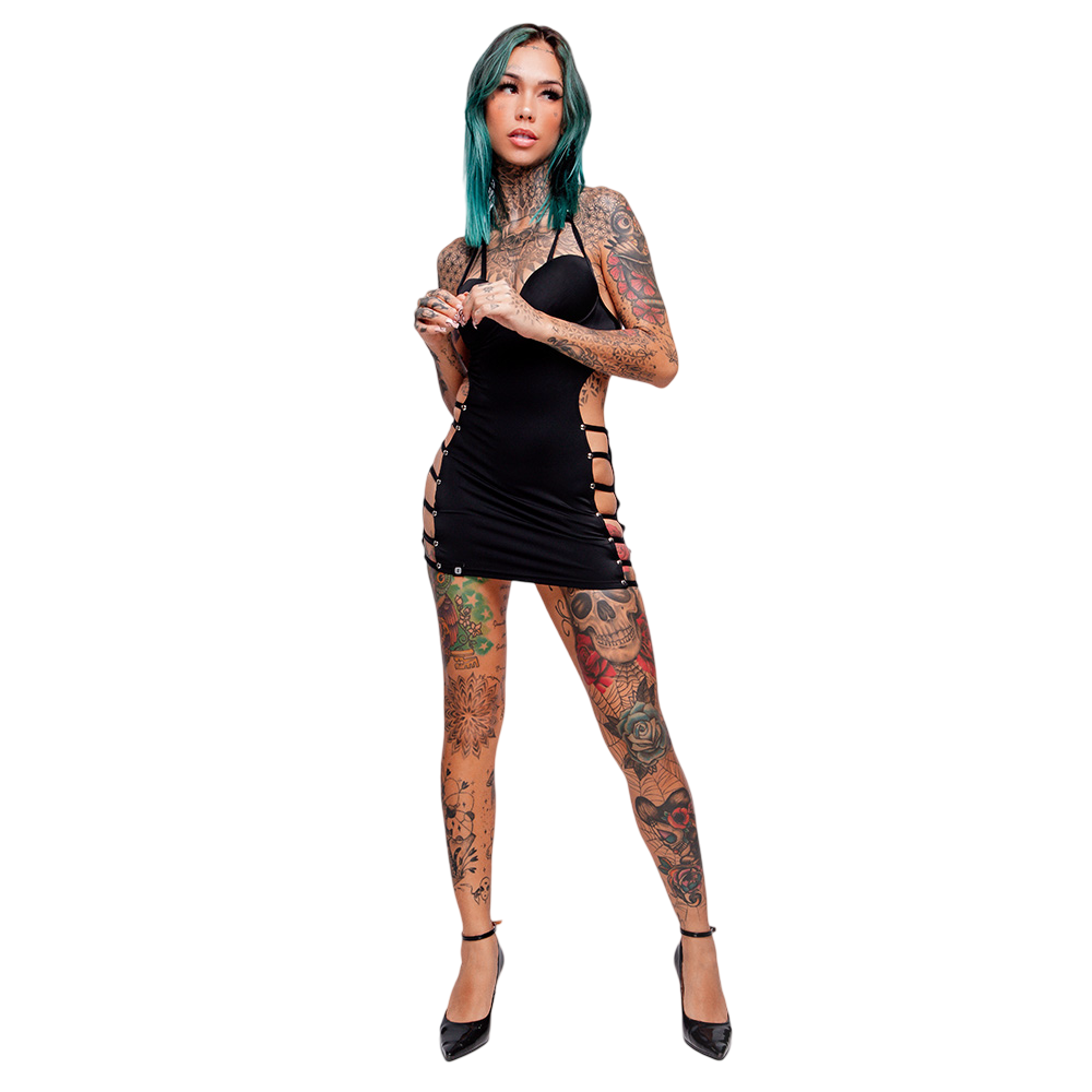 Vestido Sensual Sexy em Suplex Poli�ster Frente �nica com Rebites e Tiras Preto - Close nos Rebites