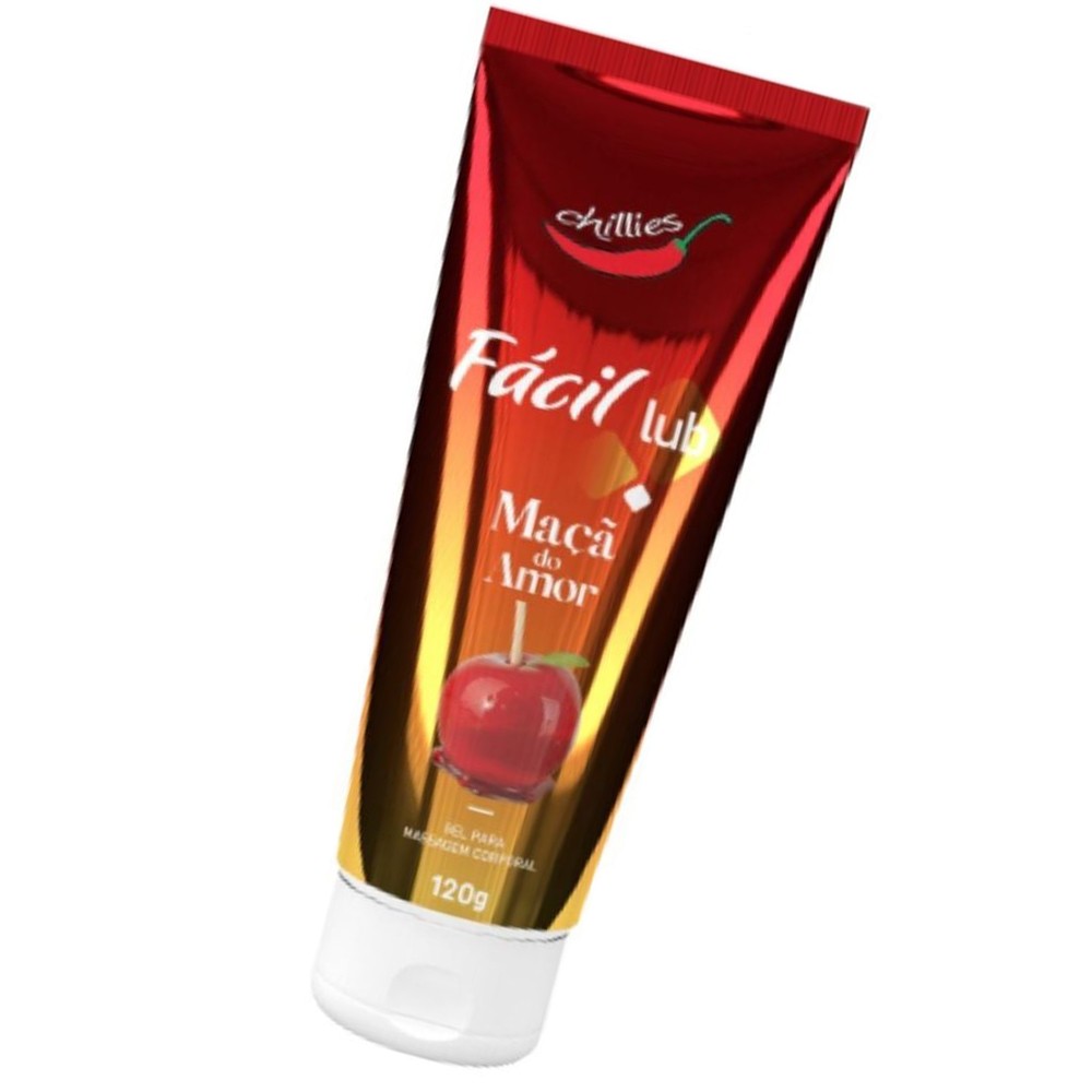 Gel Lubrificante Beij�vel Sabor Ma�� do Amor F�cil Lub 120g, tubo levemente inclinado com destaque para o sabor e a marca Chillies.