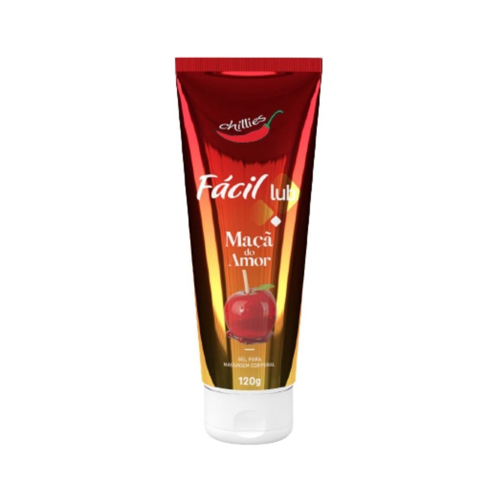 Gel Lubrificante Beij�vel Sabor Ma�� do Amor F�cil Lub 120g, vista frontal da embalagem mostrando o logo F�cil Lub e o volume de 120g.
