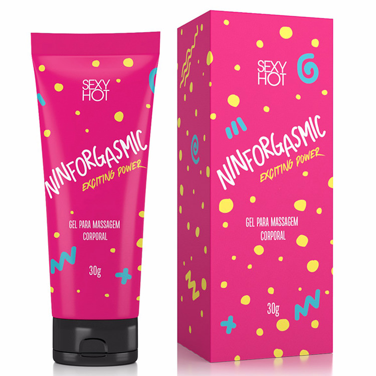 Embalagem do gel excitante Ninforgasmic ao lado de sua caixa rosa pink com estampa divertida