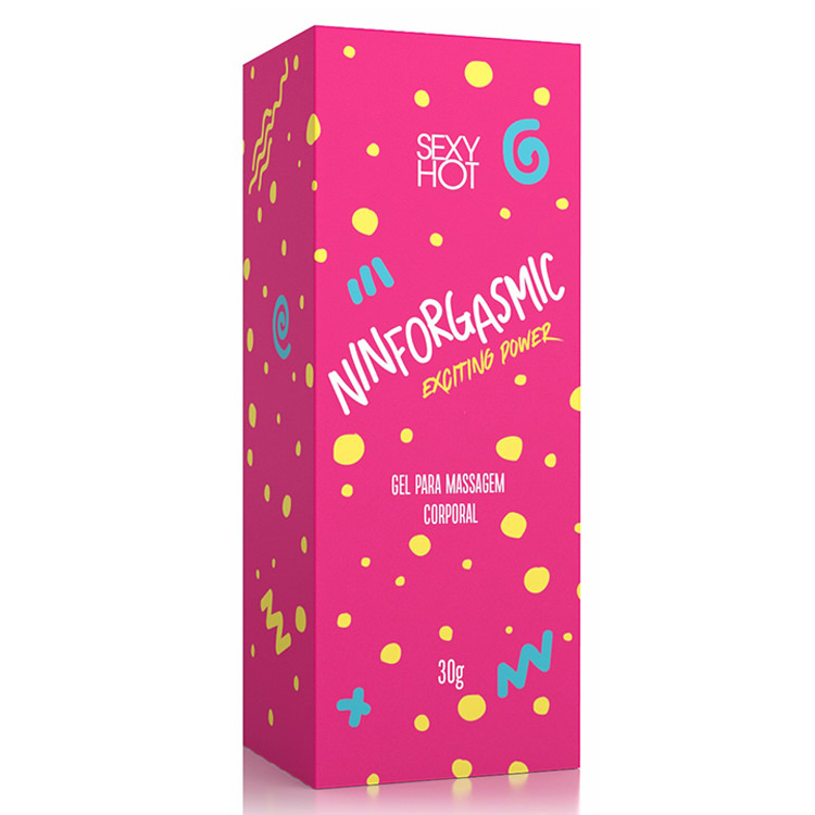 Embalagem em caixa do Gel Excitante Feminino Ninforgasmic 30g na cor pink com grafismos coloridos