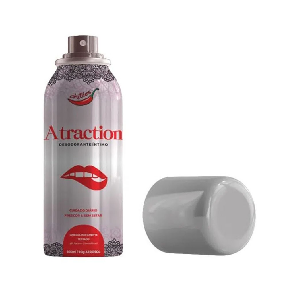 Desodorante �ntimo Atraction Aerosol com a tampa removida, revelando o spray aplicador e o design do frasco