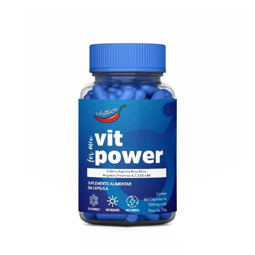 Frasco de Suplemento Masculino Vit Power, cor azul, com 60 c�psulas, embalagem vista de frente com r�tulo destacando ingredientes como Cafe�na, Arginina, Boro, Zinco, Magn�sio e Vitaminas A, C, E, B3 e B6, selos de polivitam�nico, antioxidante e mais energia.