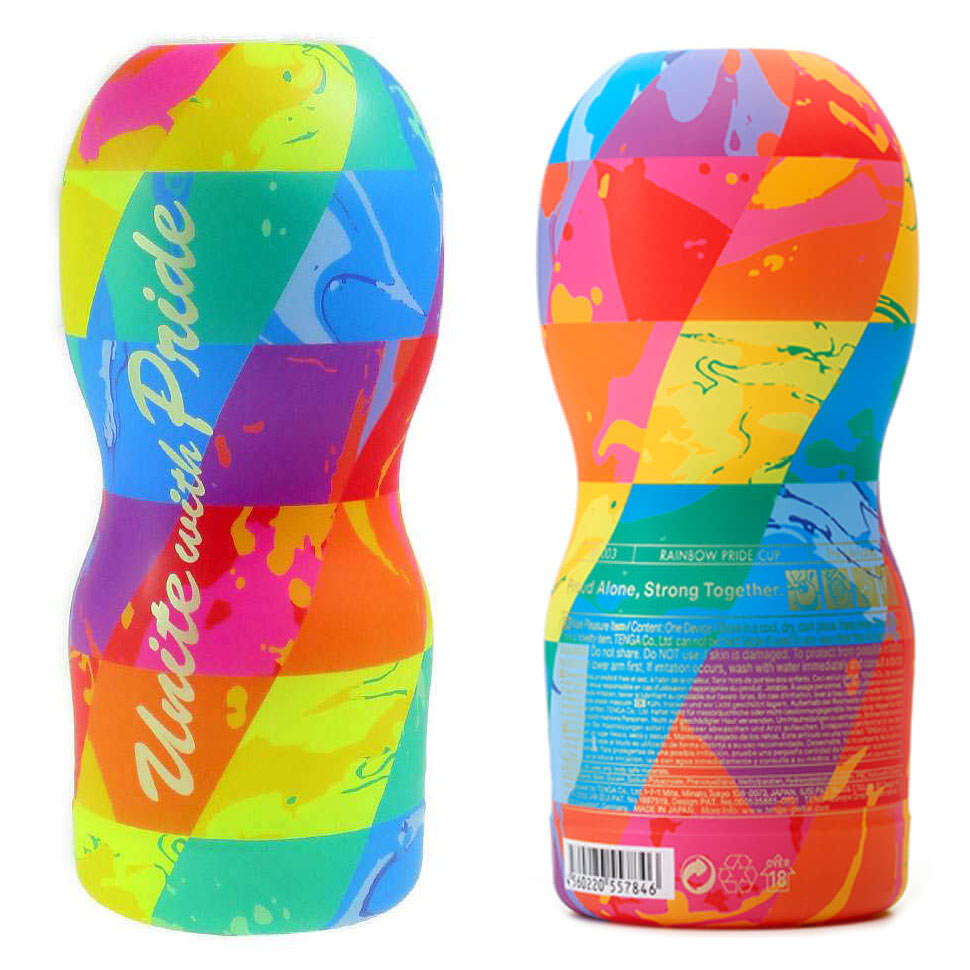 Duas embalagens do Masturbador Tenga Double Hole Cup, mostrando o mesmo design vibrante e colorido, uma de frente e outra de costas.