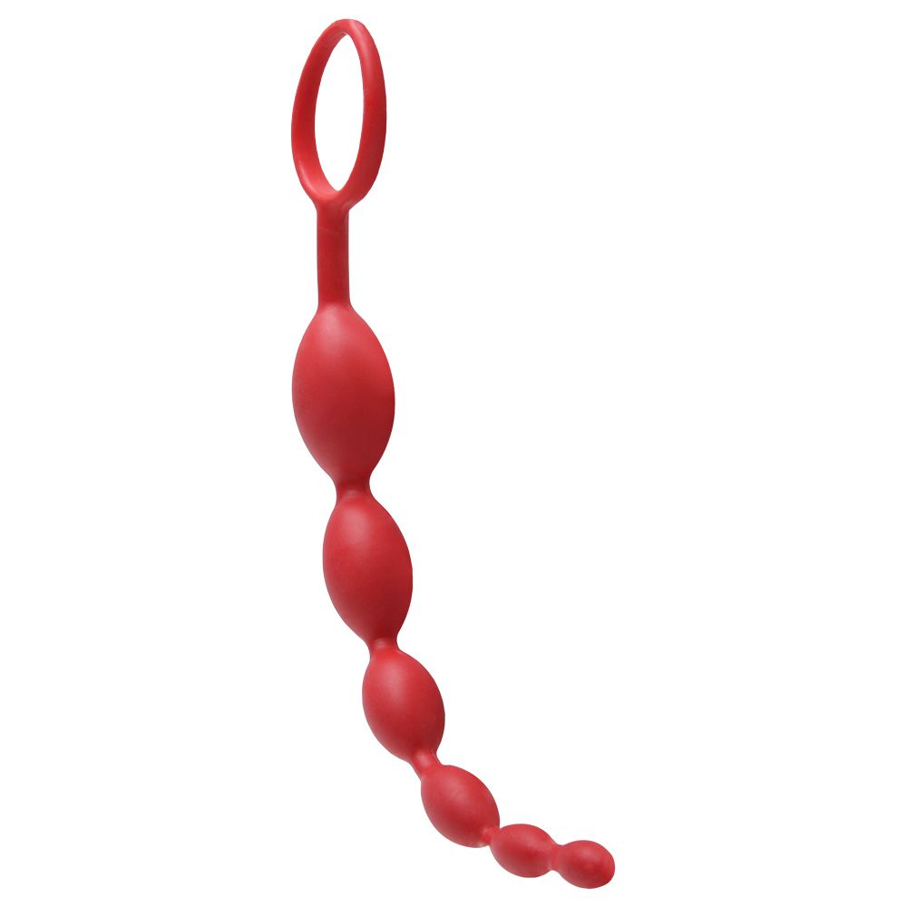 Plug anal massageador Sensation Longo de silicone vermelho em vista lateral mostrando as esferas crescentes
