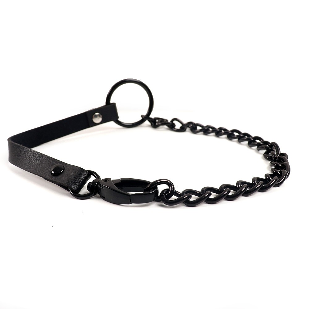 Coleira Choker Preta em PU e Metal com Argola, Corrente e Mosquet�o - vista geral
