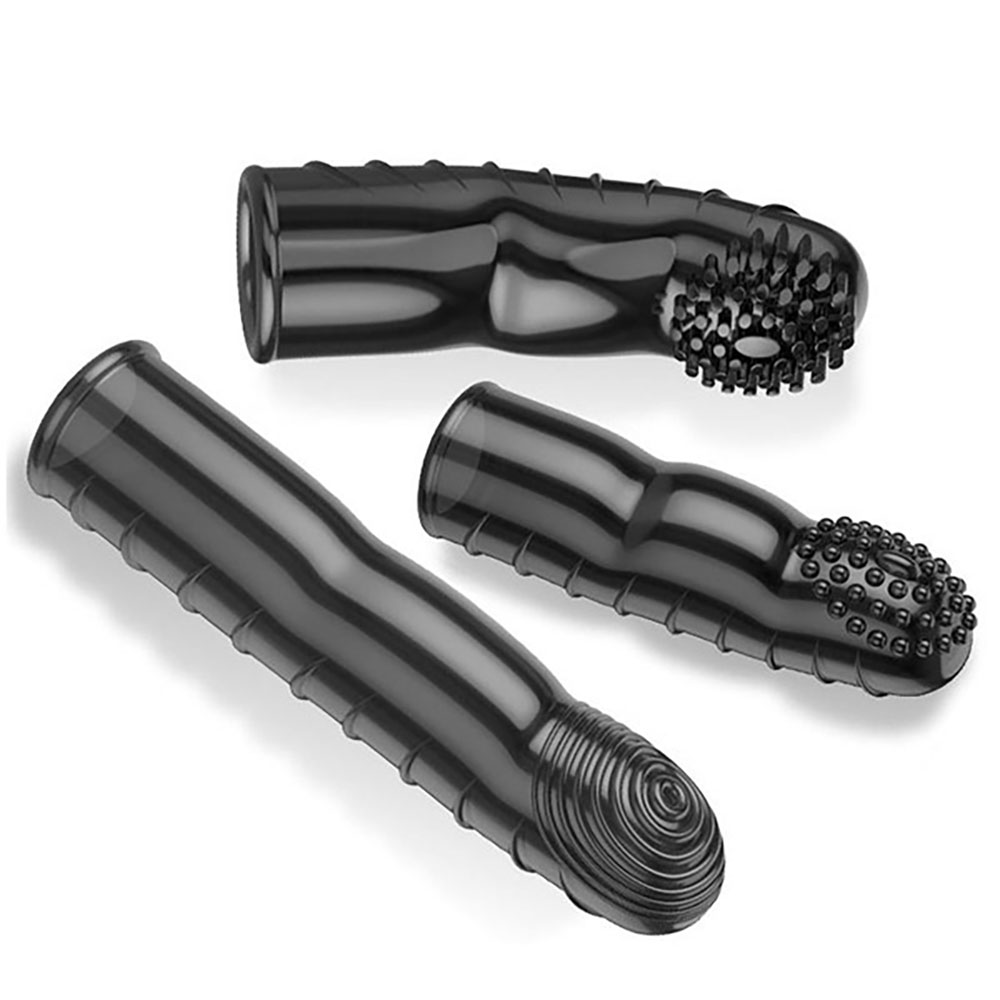Kit com 3 Dedeiras e 1 Micro Vibrador em Silicone Fum�, exibindo as dedeiras com diferentes texturas e o micro vibrador