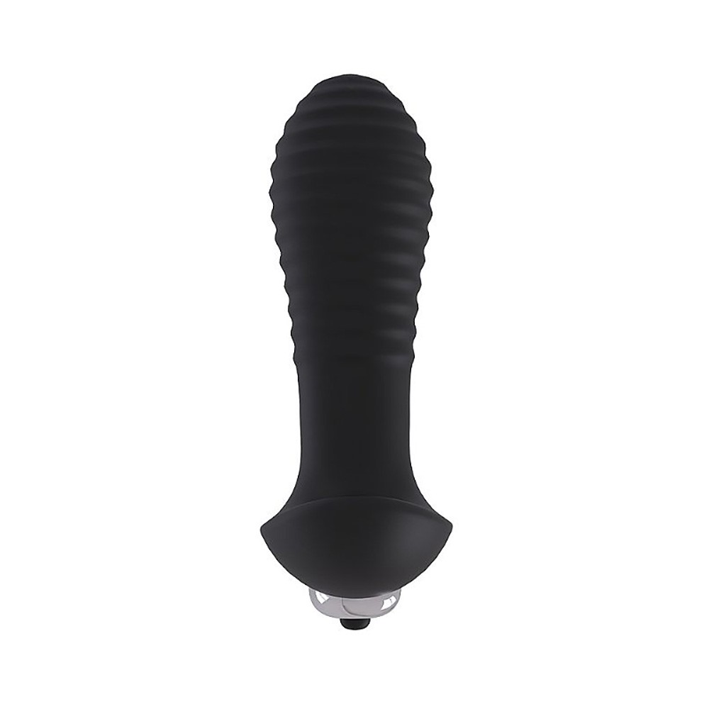 Plug anal vibrat�rio Spiral Preto, vista de cima detalhando o design da base e a ponta texturizada