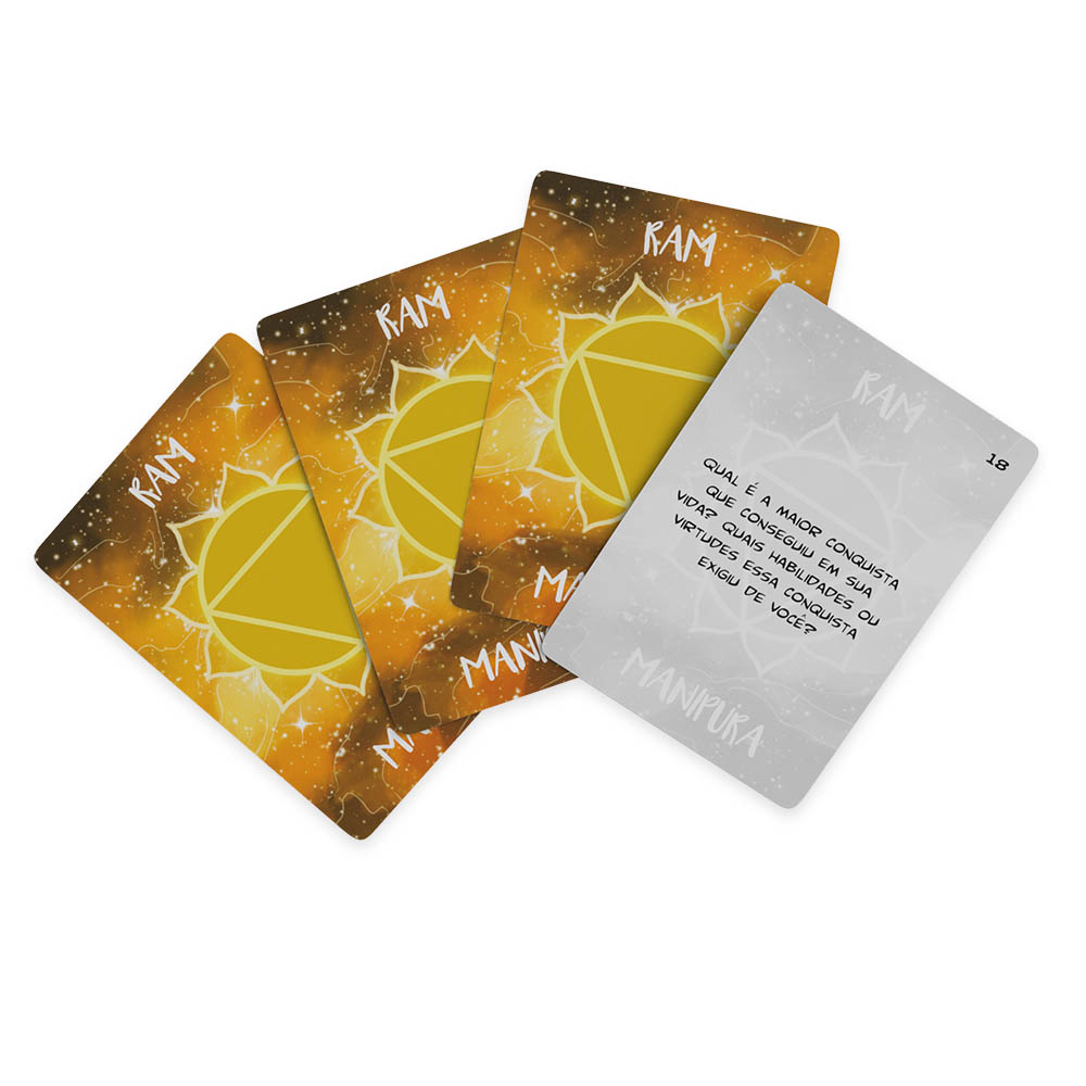Conjunto de cartas Maithuna em tom de laranja, com o s�mbolo Manipura (chakra do plexo solar) e a pergunta 'Qual a maior conquista da sua vida?'