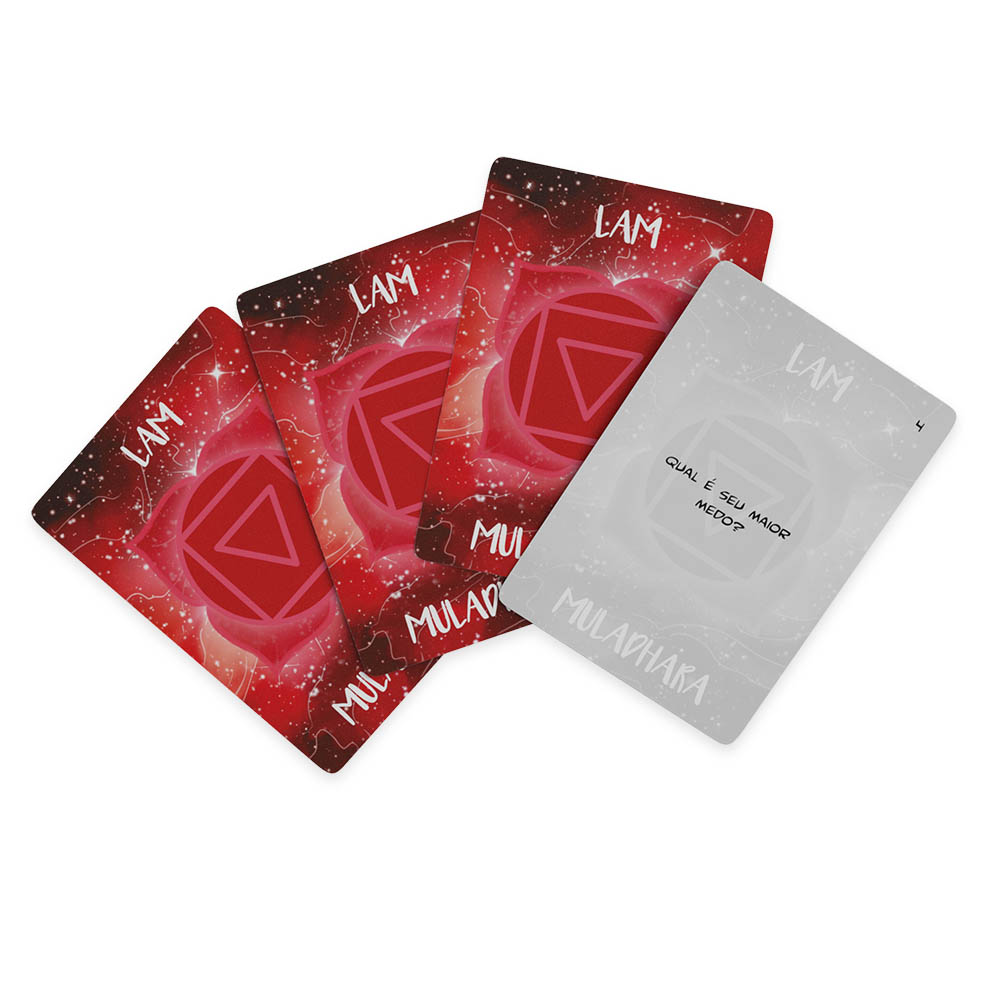 Detalhe das cartas Maithuna em tom de vermelho, com a pergunta 'Qual � o seu maior medo?' e o s�mbolo Muladhara (chakra raiz)