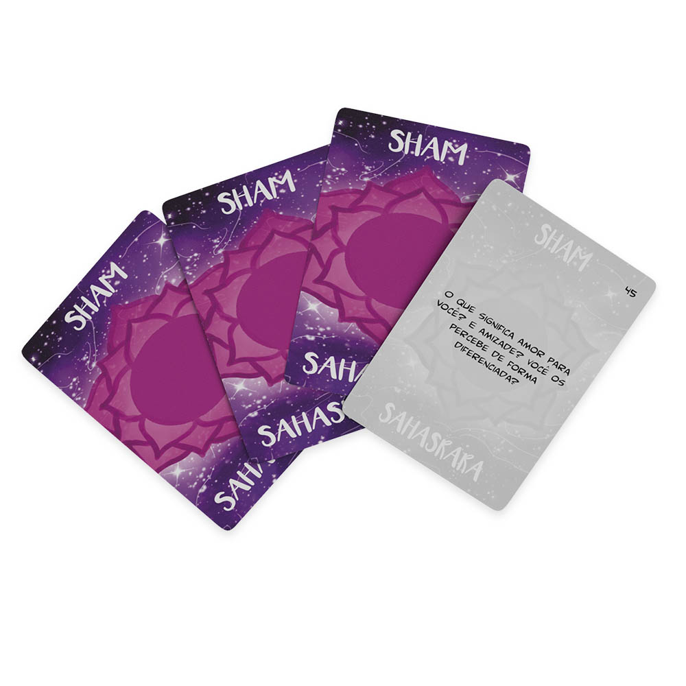 Detalhe das cartas Maithuna em tom de roxo, com o s�mbolo Sahasrara (chakra coron�rio) e pergunta