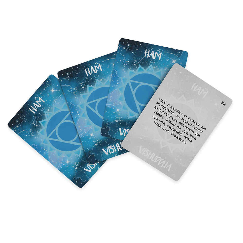 Conjunto de cartas Maithuna em tom de azul, com o s�mbolo Vishuddha (chakra lar�ngeo) e a pergunta 'O que voc� diria se pudesse falar livremente?'