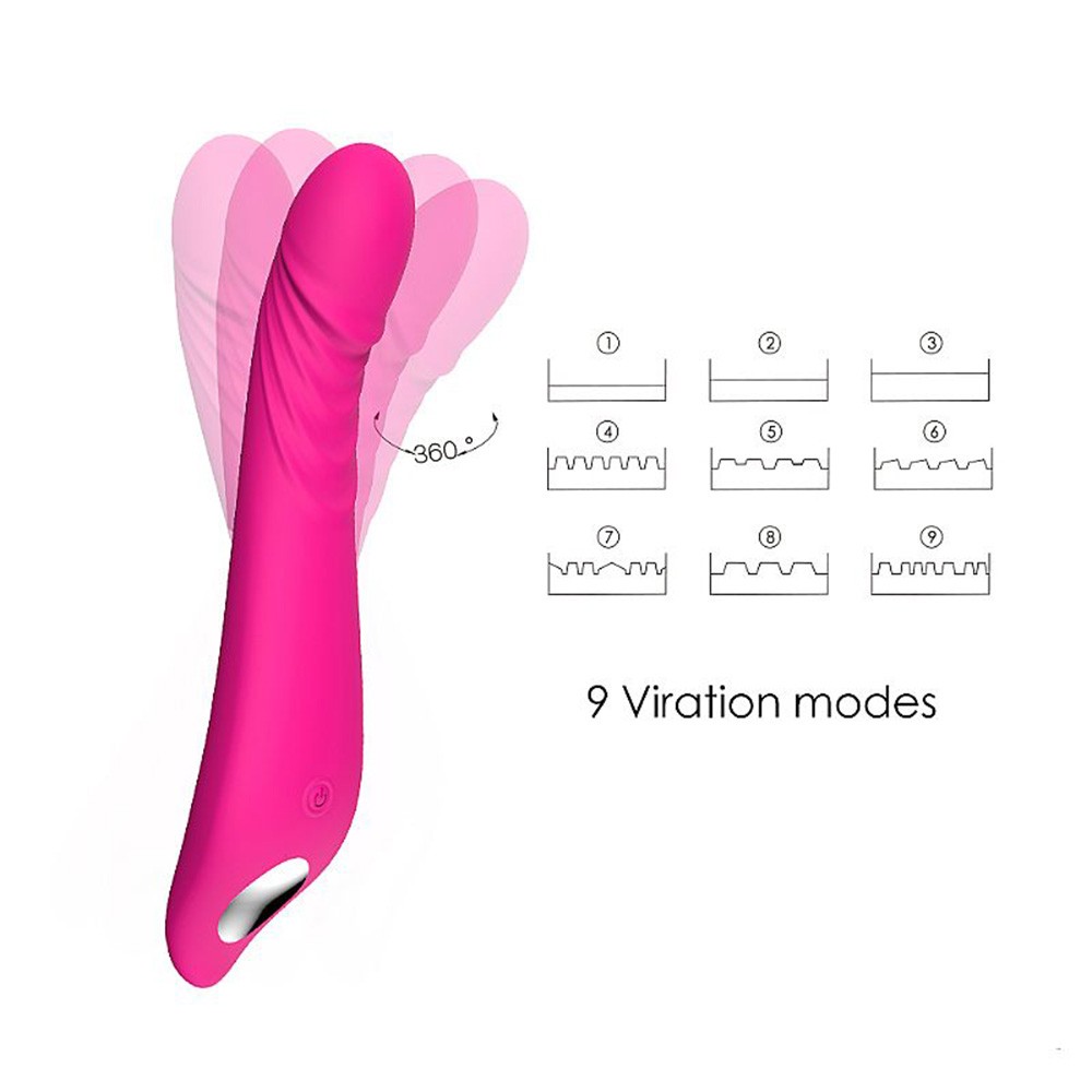 Vibrador Feminino Ares Pink com ilustra��o dos 9 modos de vibra��o e flexibilidade de 360 graus.