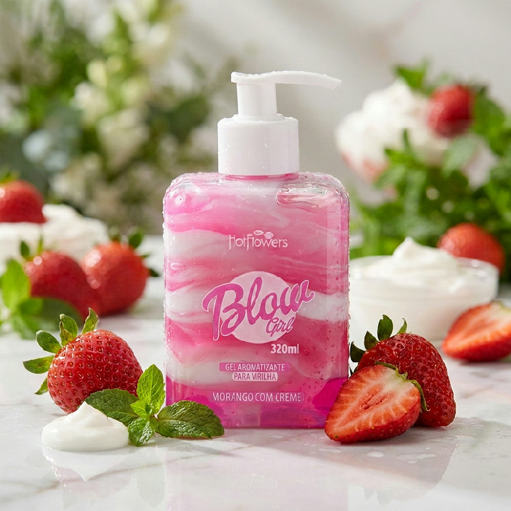Gel Hidratante para Virilha Blow Girl Aroma de Morango com Creme 320ml sendo segurado sobre fundo de flores vermelhas