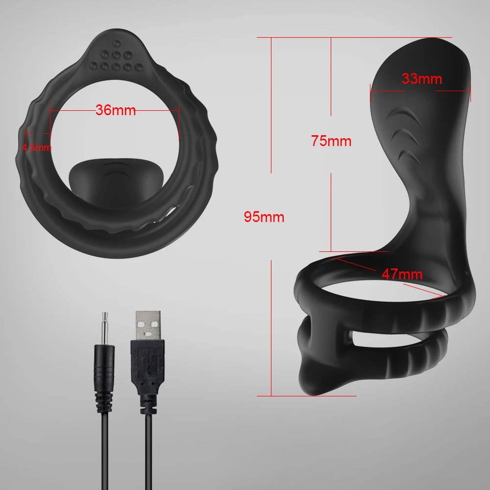 Detalhe da parte interna do anel peniano e escrotal em silicone preto, com texturas para maior estimula��o