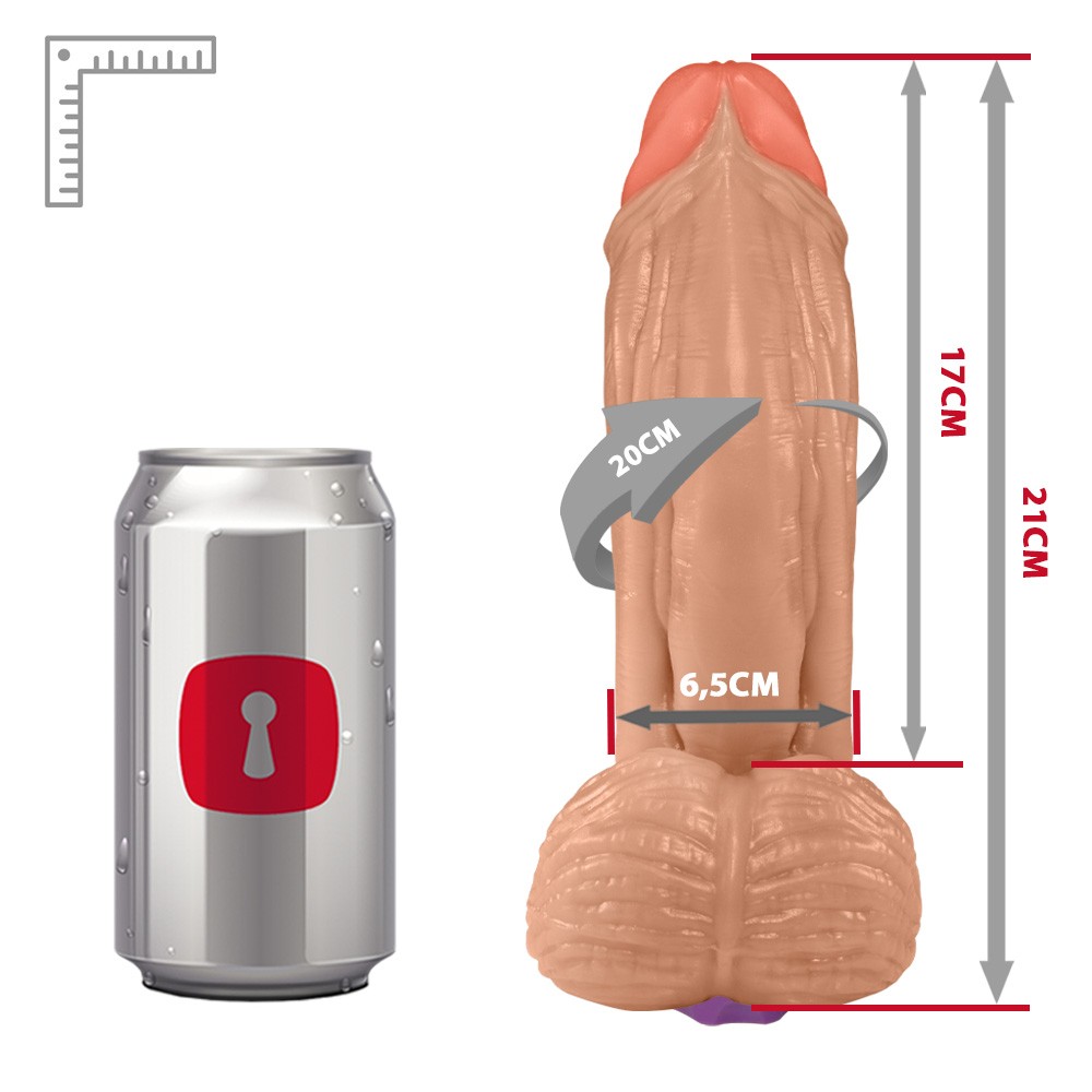 P�nis real�stico vibrador bege com 10 modos, recarreg�vel USB, vista inferior da base vibrat�ria
