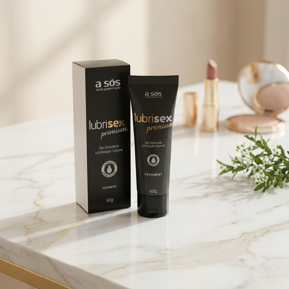 Lubrificante Siliconado Premium Lubrisex Hortel� 60g | Embalagem e frasco sobre bancada com maquiagem
