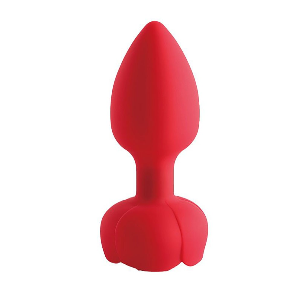 Plug Anal de Silicone Vermelho com base em formato de flor e controle sem fio preto sobre fundo branco