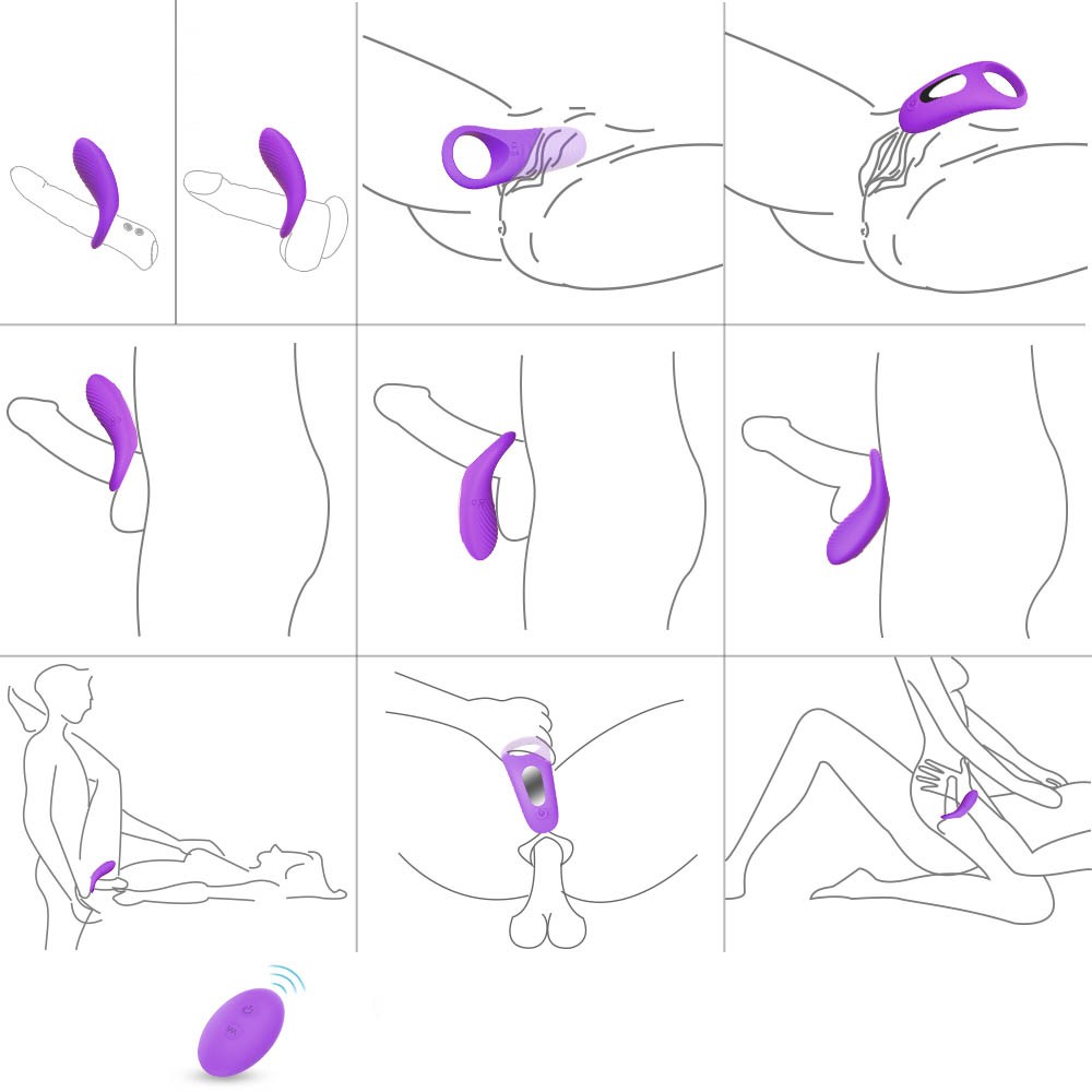 Anel peniano vibrat�rio e seu controle sem fio, ambos em silicone roxo, em destaque com ondas de vibra��o e indicador de alcance