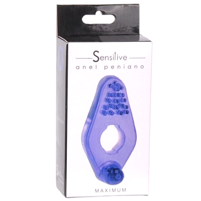 Anel Peniano com Cerdas Sensitive Maximum Transparente em sua embalagem, mostrando o produto dentro e a caixa.