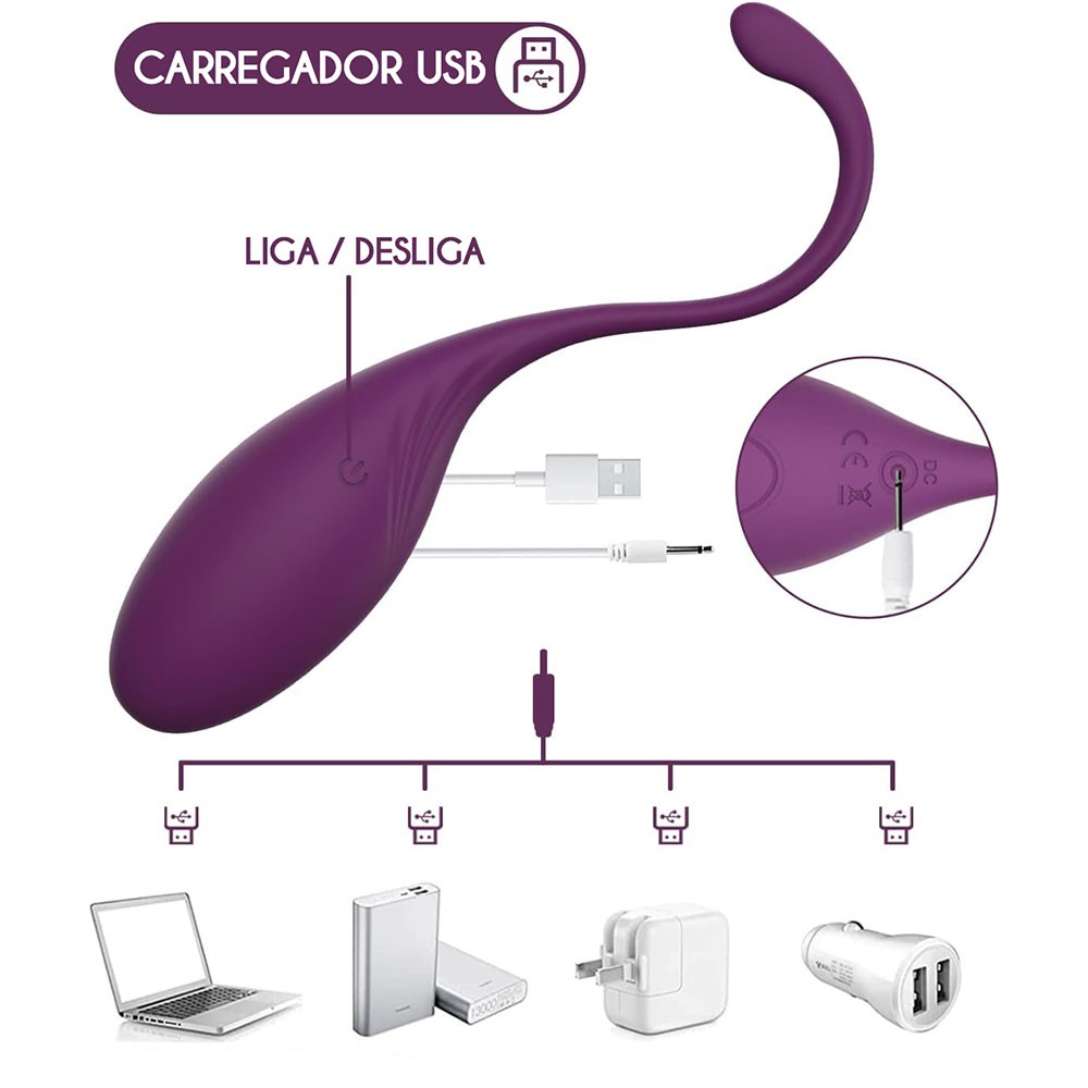 Vibrador Bullet em Silicone Recarreg�vel com Modos de 10 Vibra��o e Controle por APP Wale Roxo | Detalhe do vibrador exibindo o bot�o liga/desliga, a entrada para carregador USB e diferentes formas de recarga.