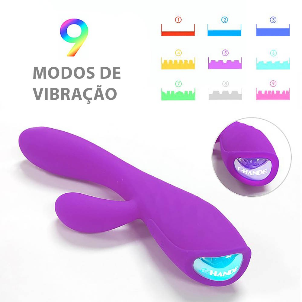 Imagem do Vibrador Duplo em Silicone Muses Roxo, detalhando os 9 modos de vibra��o com �cones descritivos