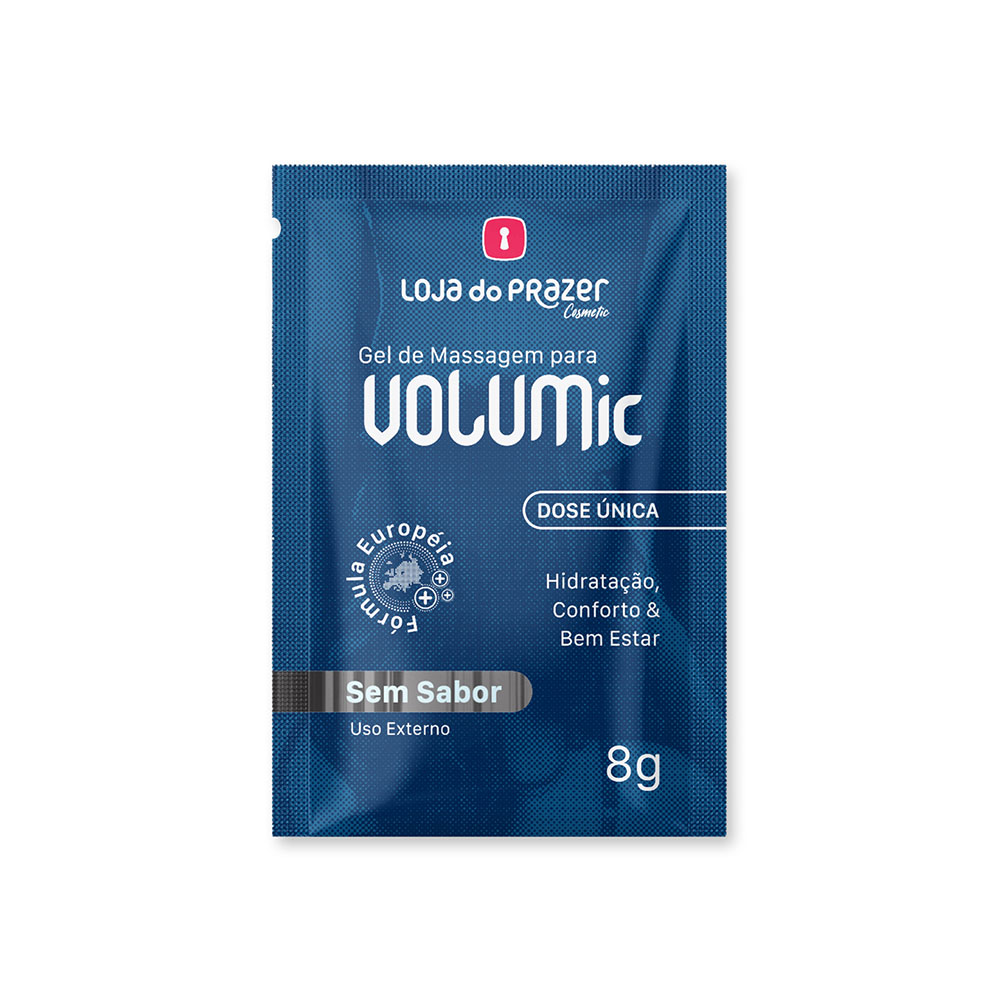 Gel Masculino VOLUMic com destaque para o sach� individual, indicando 'Dose �nica' e 'Sem Sabor'.