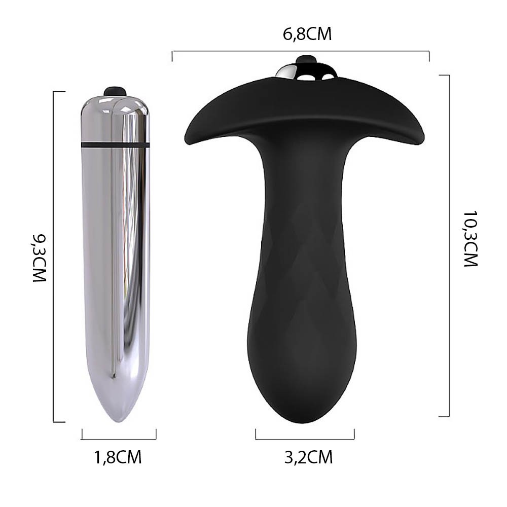 Plug Anal em Silicone Vibrador Diamona Preto: Close-up na ponta do plug, mostrando a textura em diamante e a maciez do silicone.