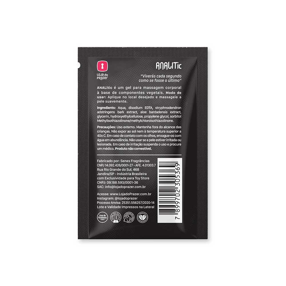 Verso da embalagem do Gel Dessensibilizante ANALic, com informa��es sobre ingredientes, modo de usar, precau��es e dados do fabricante