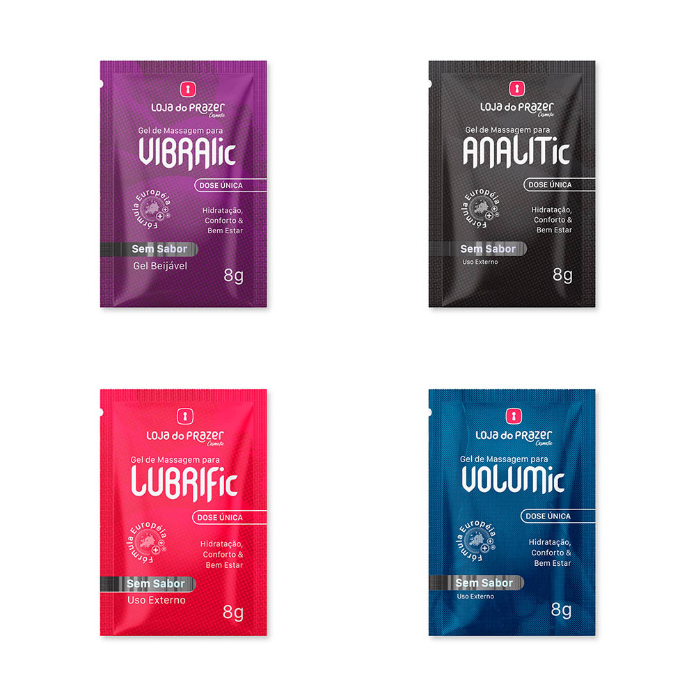 Kit COSMETic: 2 sach�s roxos de VIBRALic, 2 sach�s pretos de ANALic, 2 sach�s vermelhos de LUBRIFic e 2 sach�s azuis de VOLUMic, todos de 8g, vistos individualmente