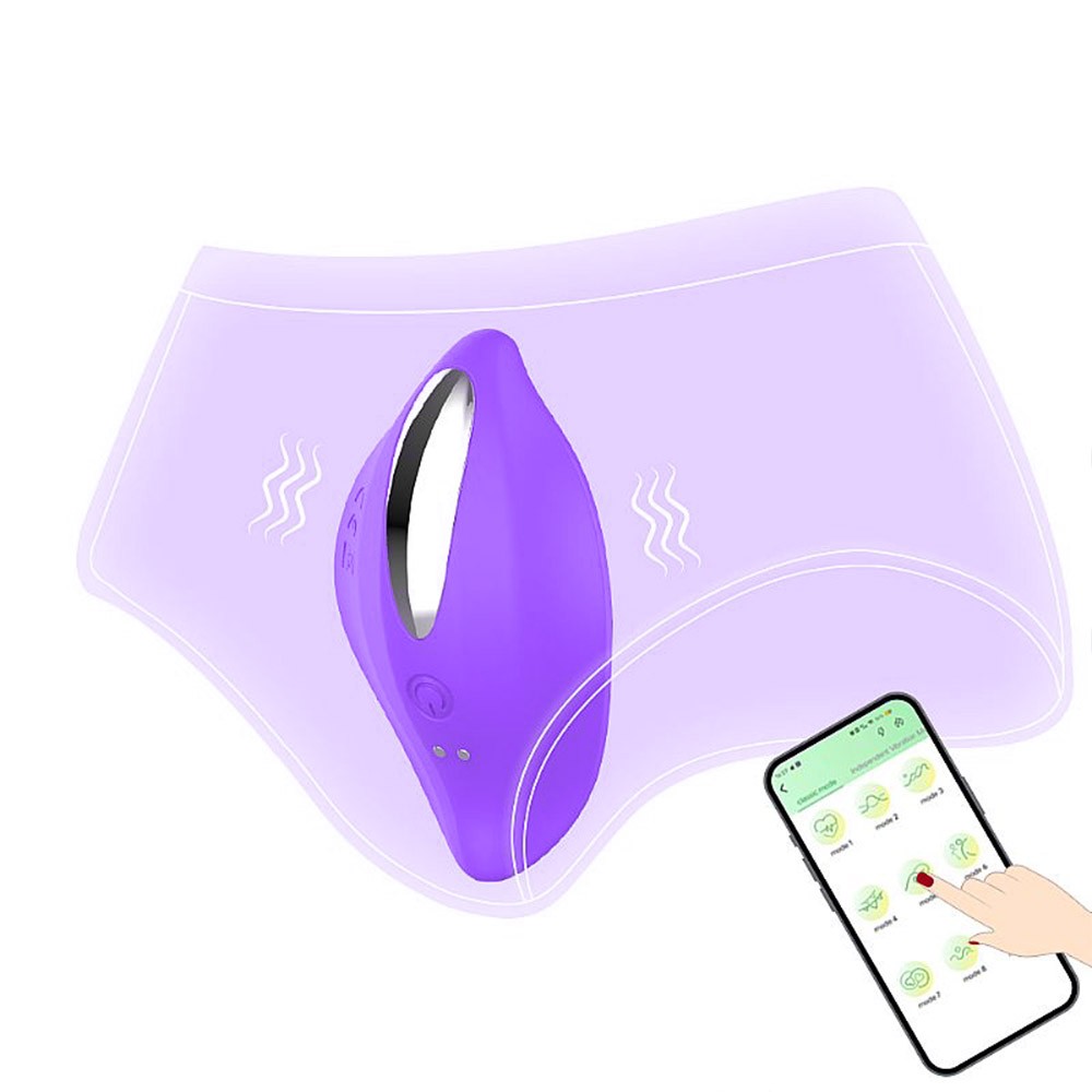 Vibrador Roxo posicionado em formato de concha com um smartphone ao fundo exibindo os modos de vibra��o do APP