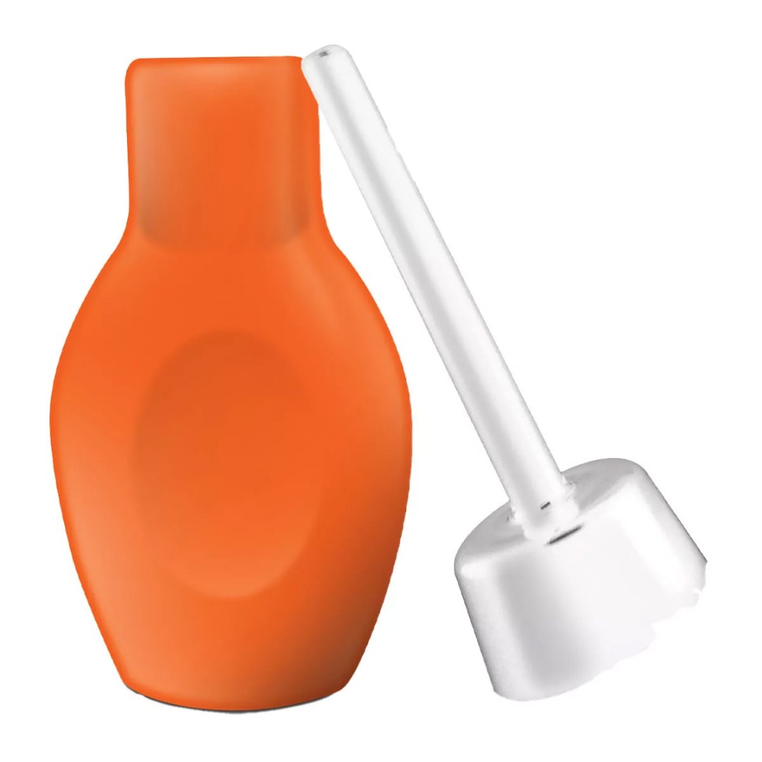 Ducha Higi�nica �ntima 100ml Laranja desmontada, mostrando o corpo de silicone e o bico aplicador separado