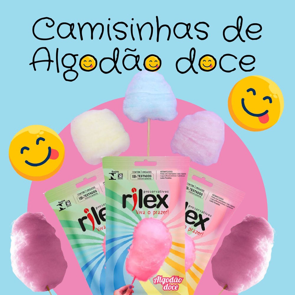 Montagem gr�fica com tr�s embalagens de Preservativo Rilex Algod�o Doce e tr�s algod�es doces, um branco, um rosa e um azul claro
