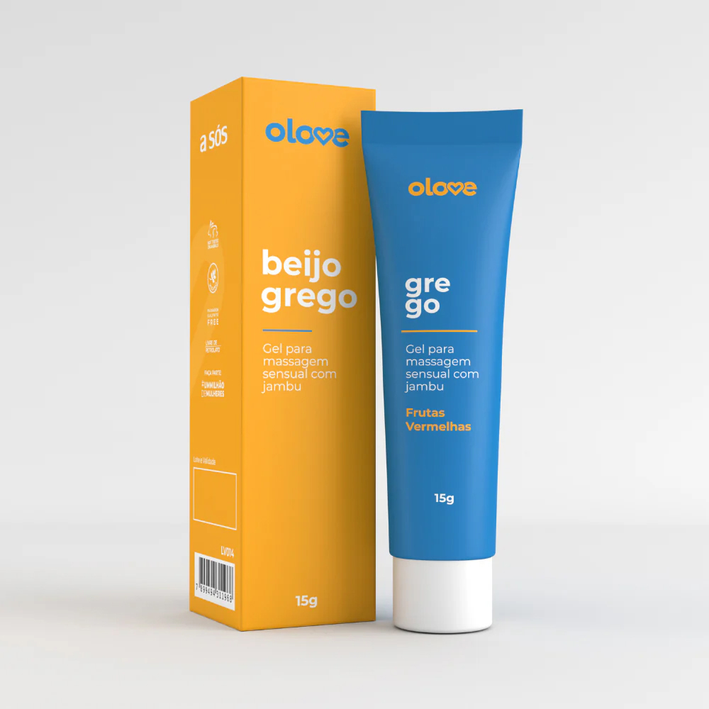 Gel Beijo Grego Olove Frutas Vermelhas ao lado da caixa amarela, mostrando ambos os produtos e seus designs modernos