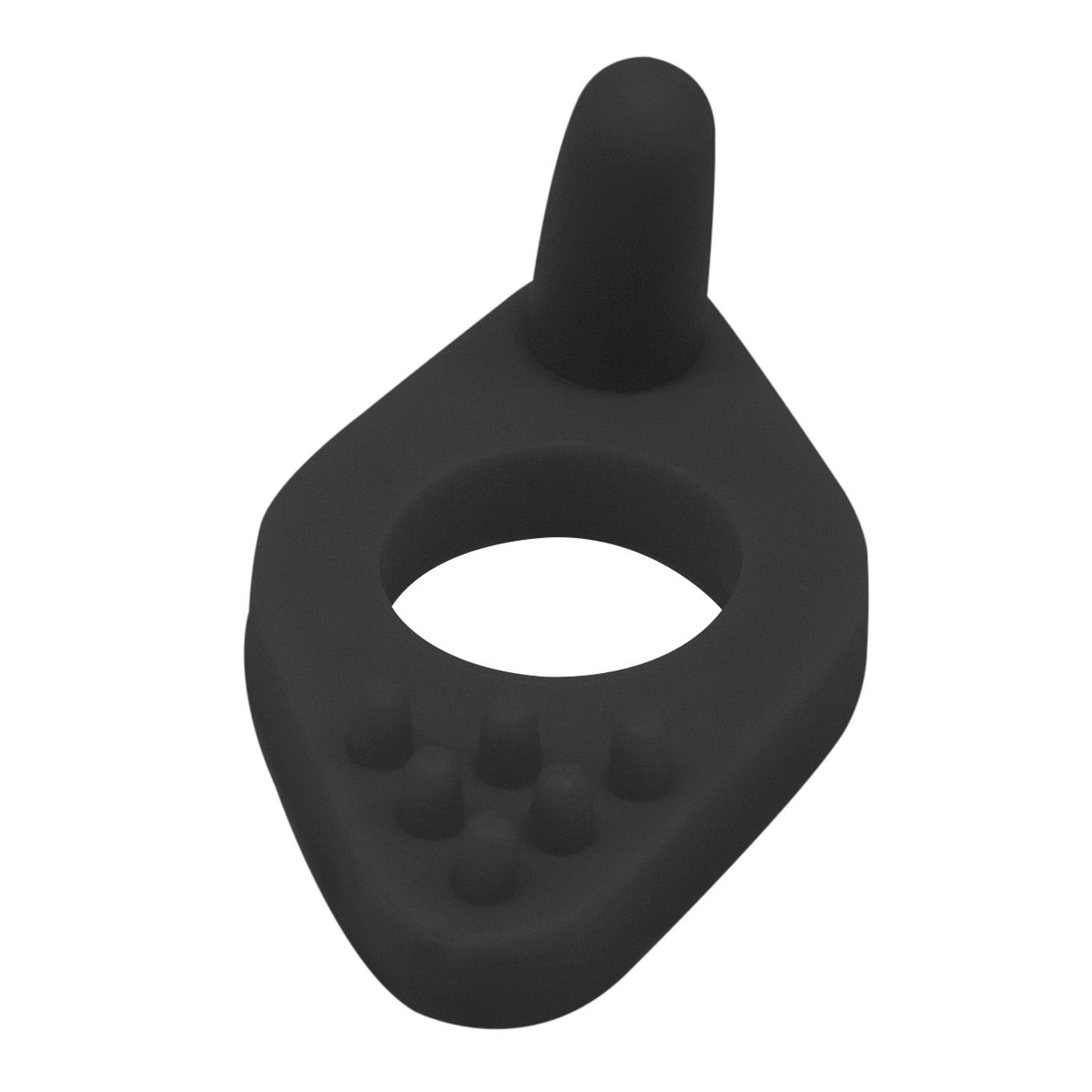 Anel Peniano Massageador 8,4 x 3cm Preto em vista superior angular, destacando as sali�ncias para massagem e a protuber�ncia para estimula��o do per�neo.