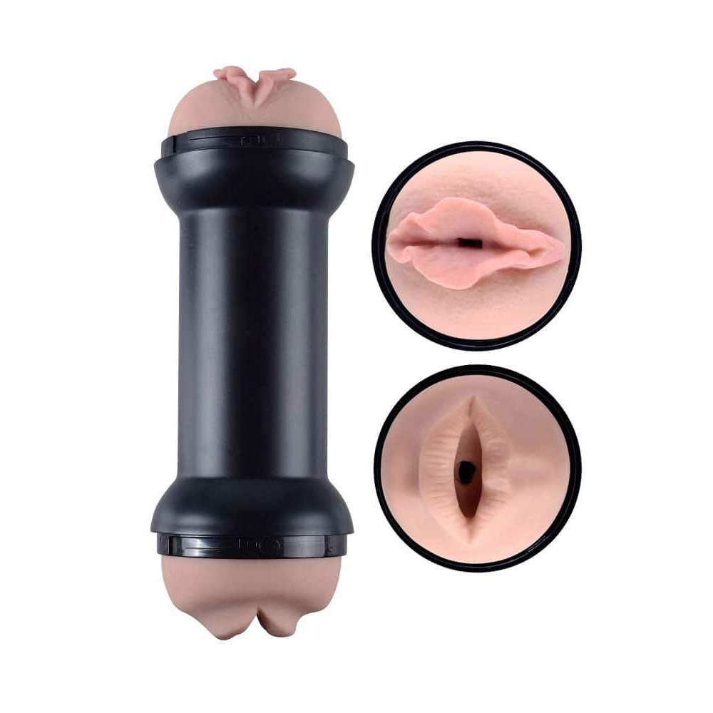 Masturbador Training Master com texturas internas de boca e vagina em cyberskin bege, detalhe das aberturas