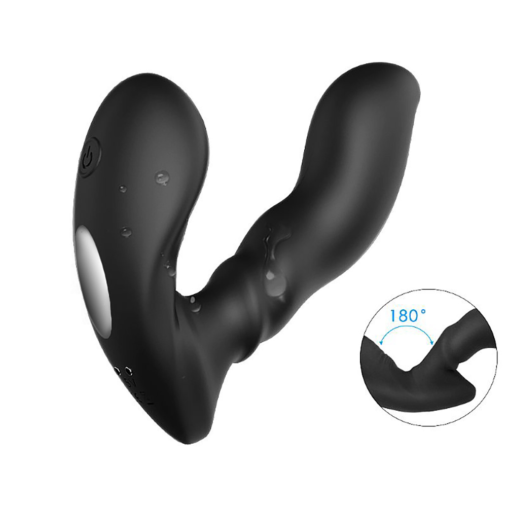 Estimulador de pr�stata Optimus-RCT preto, vista lateral com detalhe do ponto de giro de 180� da haste, flexibilidade do silicone