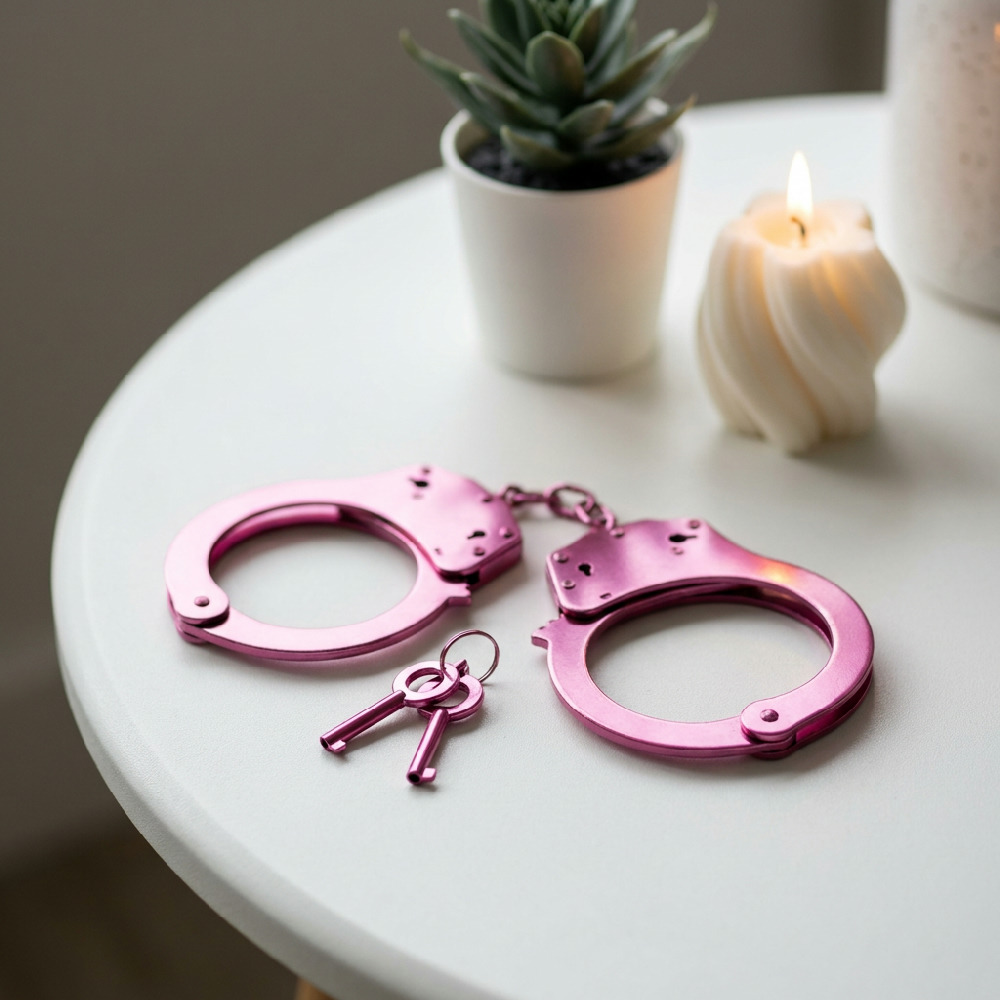 Algema de Metal com Chaves Pink em cen�rio rom�ntico com vela e suculenta, vista de cima