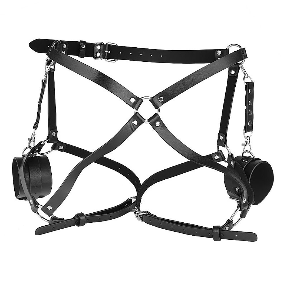 Vista traseira do arreio harness preto mostrando detalhes das al�as e algemas