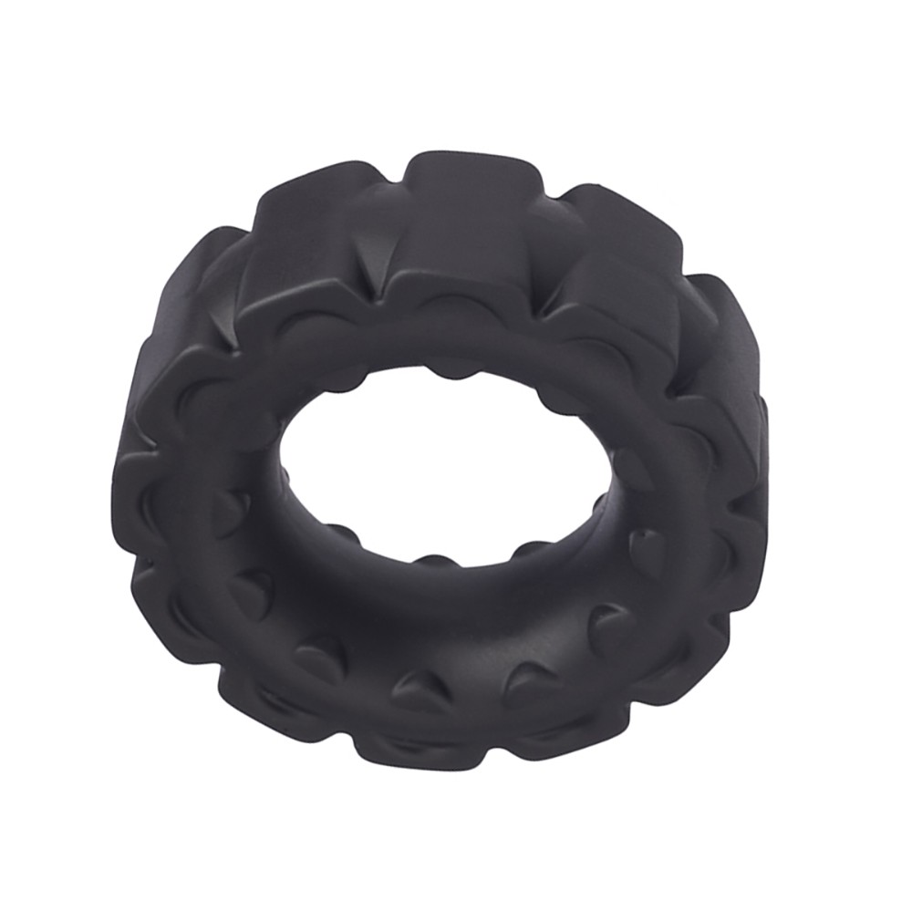 Anel Peniano em Silicone Dom A9 Preto exibido em um contexto de uso, com instru��es visuais simples de coloca��o
