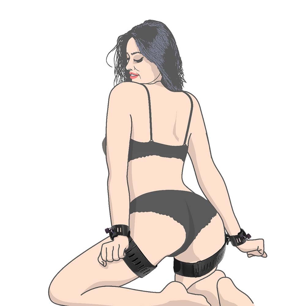 Ilustra��o de mulher usando algema e imobilizadora de coxas em vinil preta nos pulsos e coxas, vista de costas